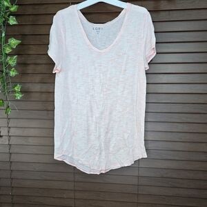 Loft Short Sleeve Rounded Hem Pink And White Women's V-neck  Top Size Medium